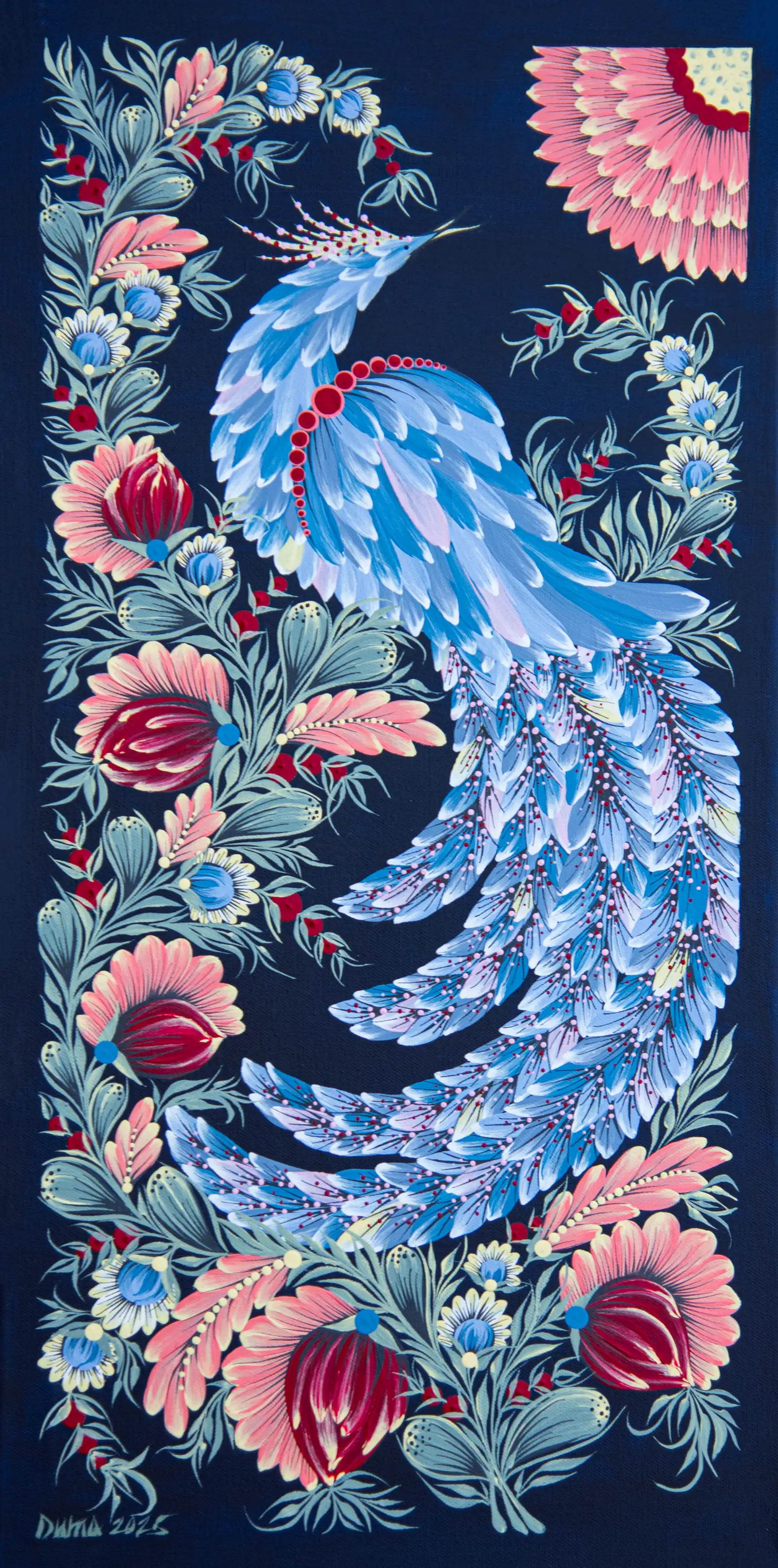 And Still We Rise - a blue Petrykivka phoenix rising over pink blooms on a deep navy ground