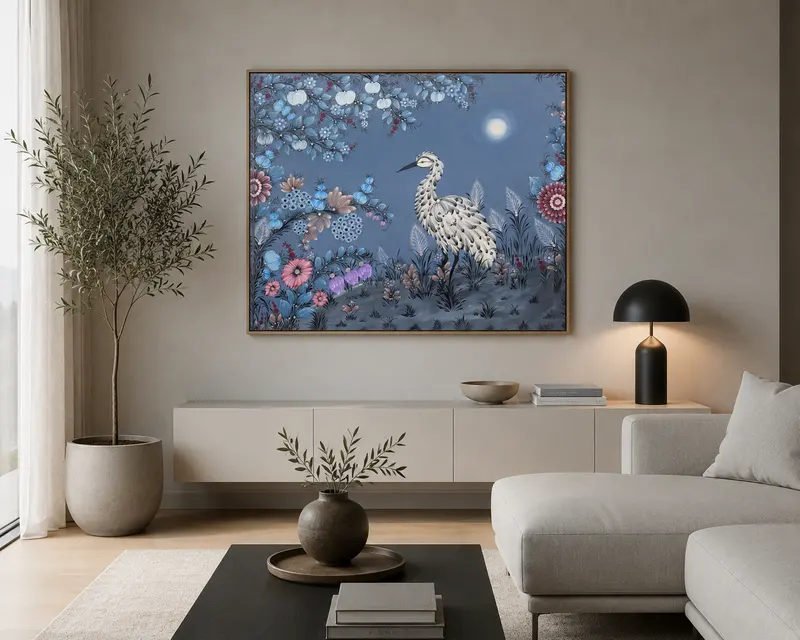 The piece on a living room wall above a sideboard