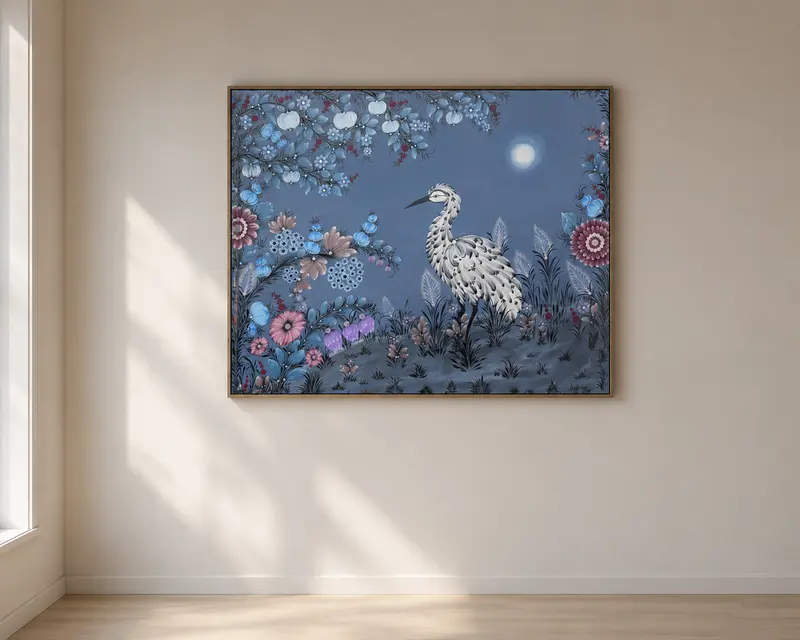 Moon Garden - a white heron among moonlit flowers on blue, framed on a plain wall