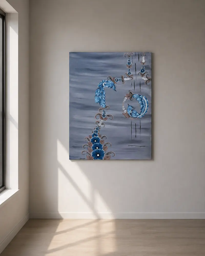 The piece on a sunlit wall beside a window