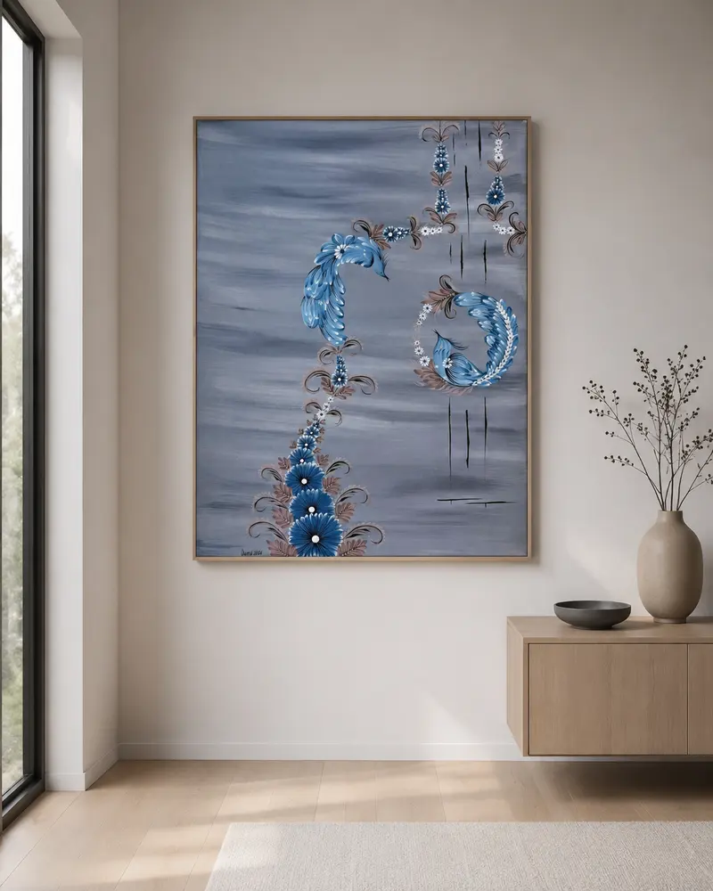 Strings - blue and silver floral motifs on hanging strands over a washed grey-blue ground