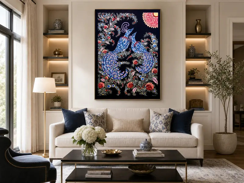 The piece on a living room wall above a sofa
