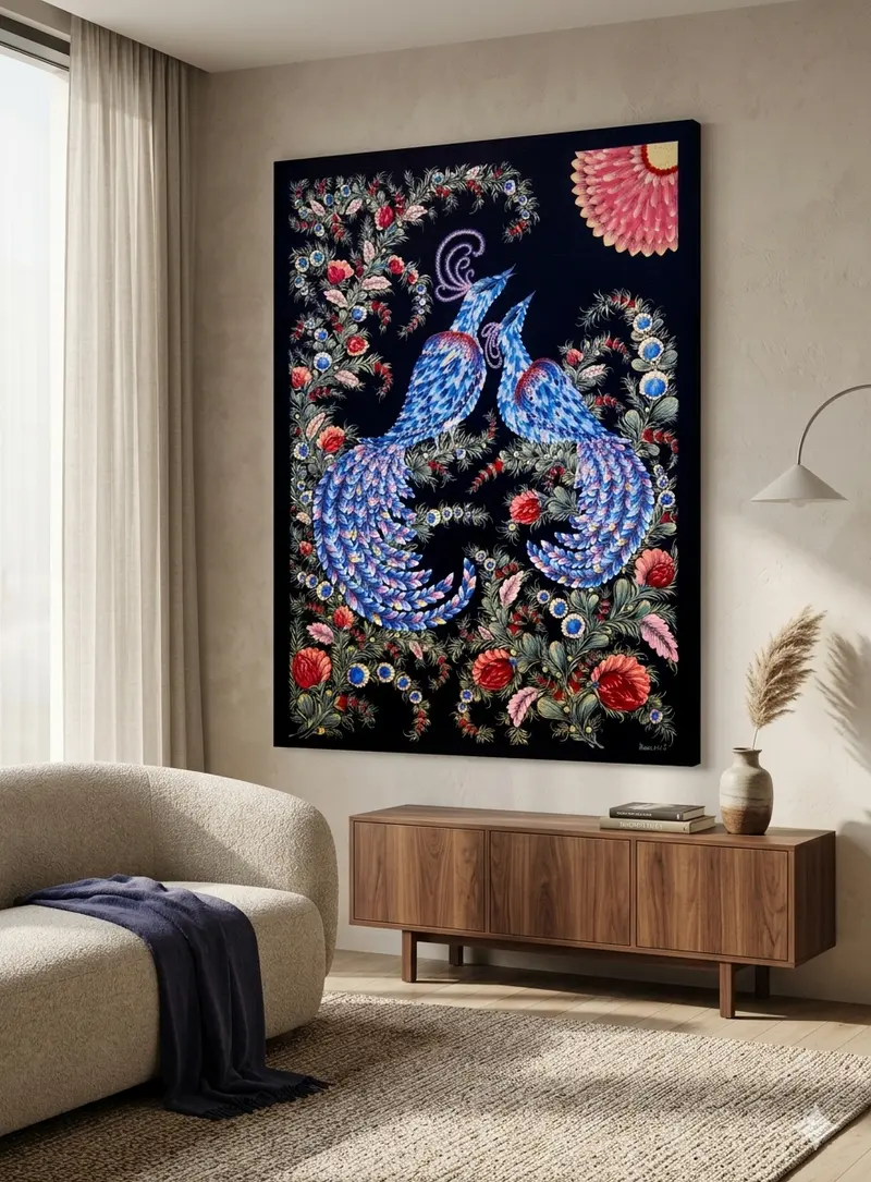 Where Sun Meets Songs - two blue birds among flowers on black, hanging above a wooden sideboard