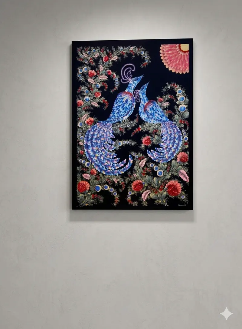 The framed piece straight on against a plain wall