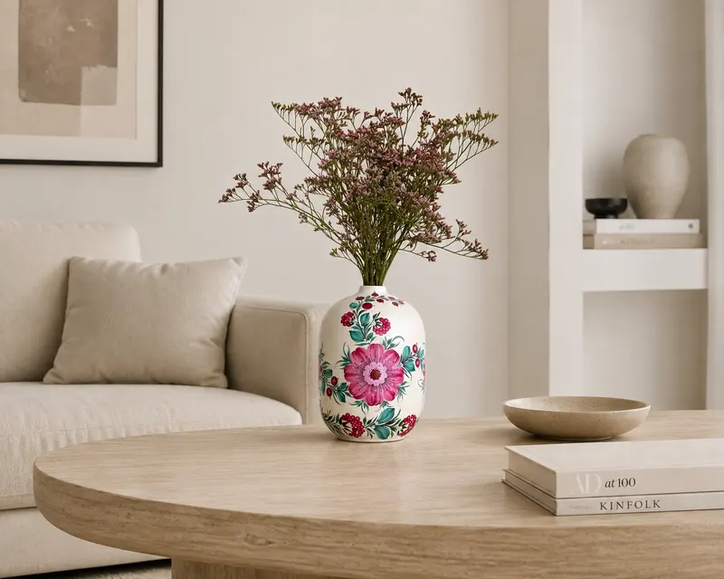 Dyvotsvit — hand-painted ceramic vase styled in a room